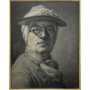 Autoportrait aux lunettes d'après Chardin, grand dessin au fusain encadré, signé Gay Vullen (?)