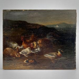 Oil On Panel, 19th Century School Animals In The Farmyard Animal Painting 19th Century