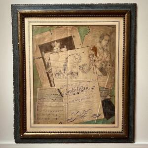 Trompe-l'oeil With Scores, Watercolor And Wash From The 19th Century, Framed