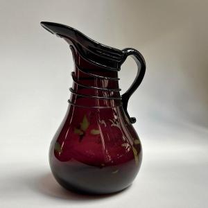 Norman Pitcher With Net And Painted Decoration In Aubergine-tinted Blown Glass 18th Century 18th 