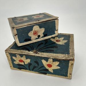 Two Small 19th Century Norman Jewelry Boxes Decorated With Flowers, 19th Century Folk Art Box Or Box