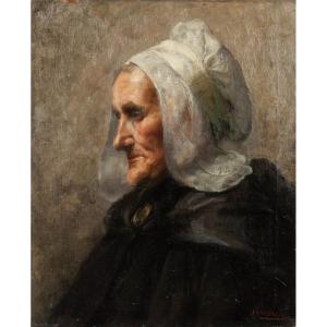 Portrait Of A Woman With A Headdress - Oil On Canvas 19th Or Early 20th Century - Breton? J. Roosbroeckx