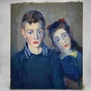 Portrait d'enfants frère et soeur, huile sur toile de 1936 par Nicolaas  Pieneman (1880 - 1938)