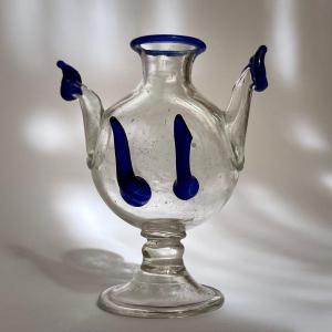 Inkwell And Pen Holder In Blue Tinted Blown Glass - Normandy? Late 18th - Early 19th Century 