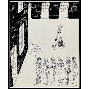 Back To School, Original Pen Drawing By Cabu, Published In The 1970s