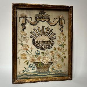 18th Century Embroidery Agnus Dei Under Crown - Convent Work, 18th Century Folk Art