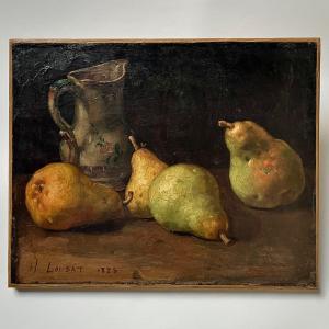 Nature morte aux poires et à la cruche en faïence, huile sur toile de Henri Loubat - 1885