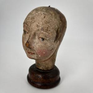 Sculpted Head, Female Face In Polychrome Wood 19th Century Folk Art Sculpture 19th