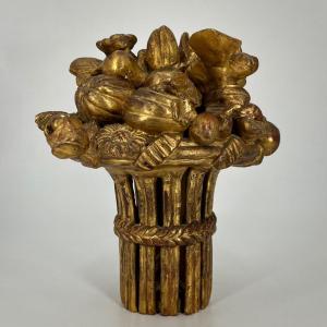 Basket Of Fruits And Flowers, Carved Gilded Wood From The End Of The 18th Century, 18th Century Centerpiece