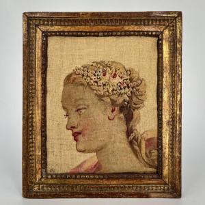 Visage de femme, fragment de tapisserie encadré XVIIe - XVIIIe siècle