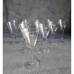 Set Of 12 Aquavit Glasses Monogram King Gustav V Of Sweden - Orrefors Crystal 