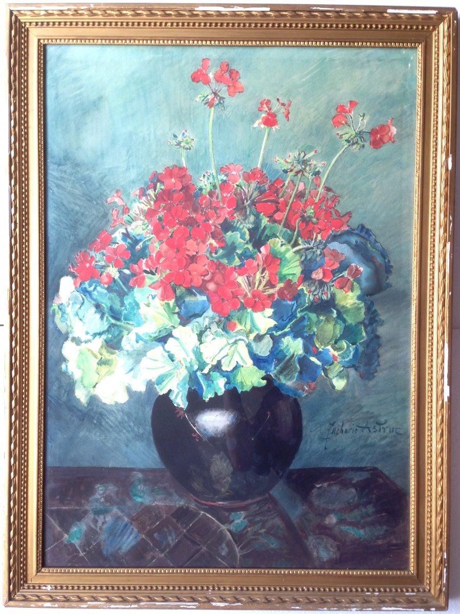 Zacharie Astruc (1833-1907) - Large Watercolor - Bouquet Of Geraniums-photo-2