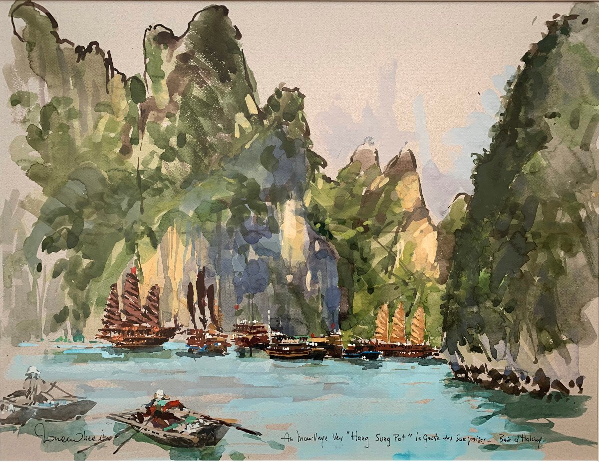 Ronan Olier - Painter Of The Navy - Halong Bay, Vietnam - Large Gouache - Orientalism
