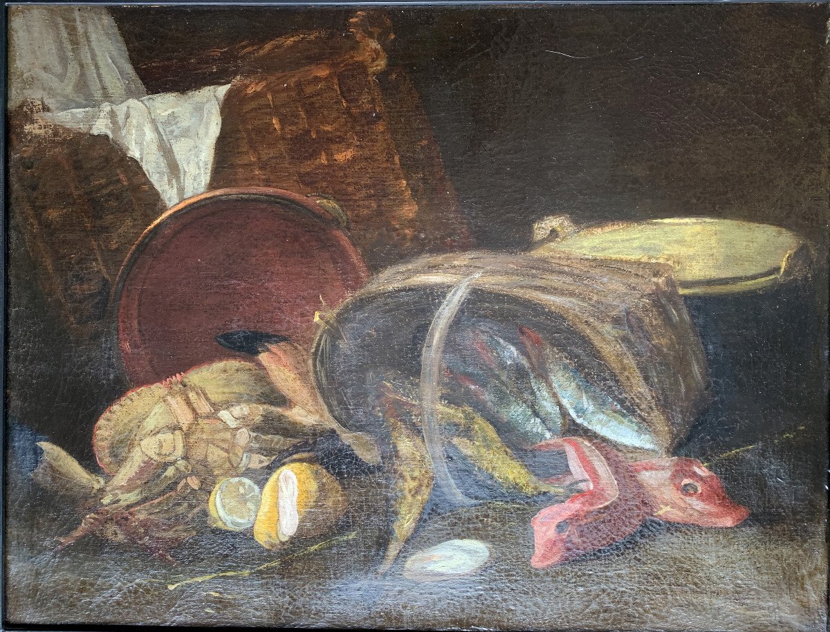 Ecole Française XVIIIe - Nature Morte Aux Poissons - Huile Sur Toile-photo-2