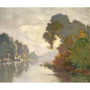 Léon BROQUET (1869-1935) - Paysage fluvial - Huile sur toile