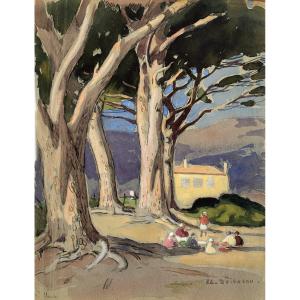 édouard Doigneau (1865-1954) - Animation In Saint-clair (ardèche) - Watercolor 