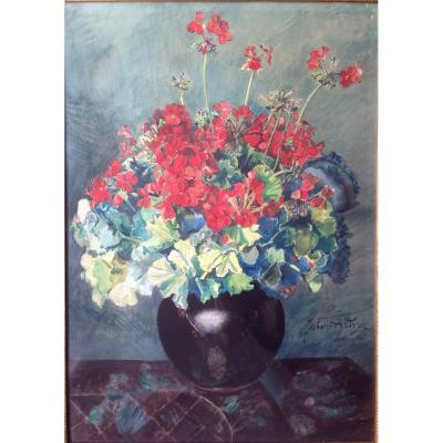 Zacharie Astruc (1833-1907) - Large Watercolor - Bouquet Of Geraniums
