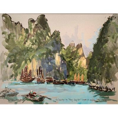 Ronan OLIER - Peintre de la Marine - Baie d'Halong, Vietnam - Grande Gouache - Orientalisme