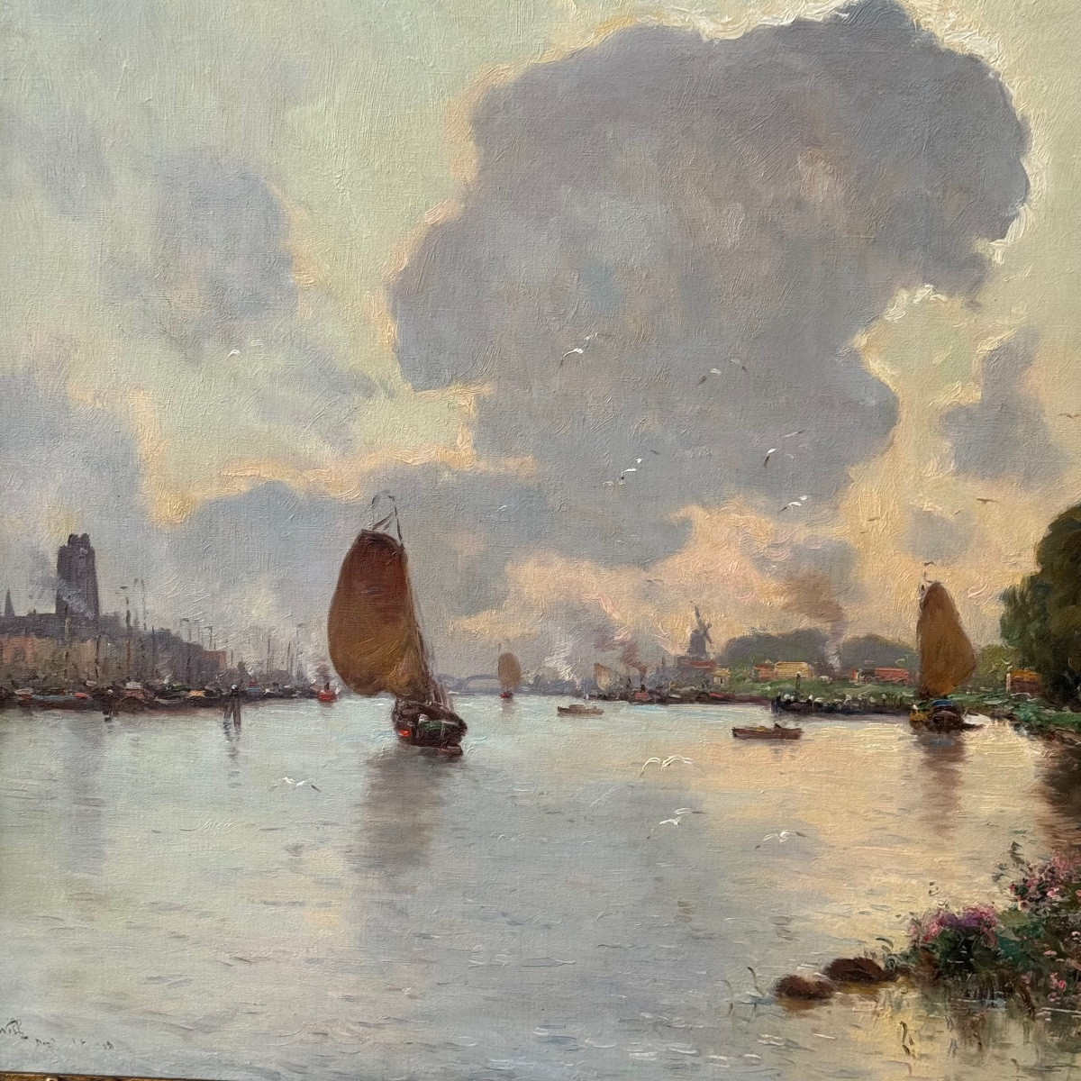 Les Bords De La Meuse à Dordrecht Signé Iwill (1850-1923)   -photo-3