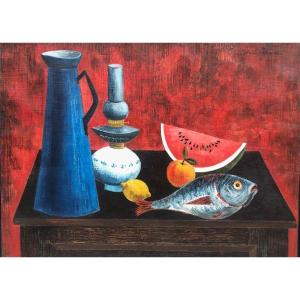 Still Life With Watermelon And Fish By Manuel Parrès 