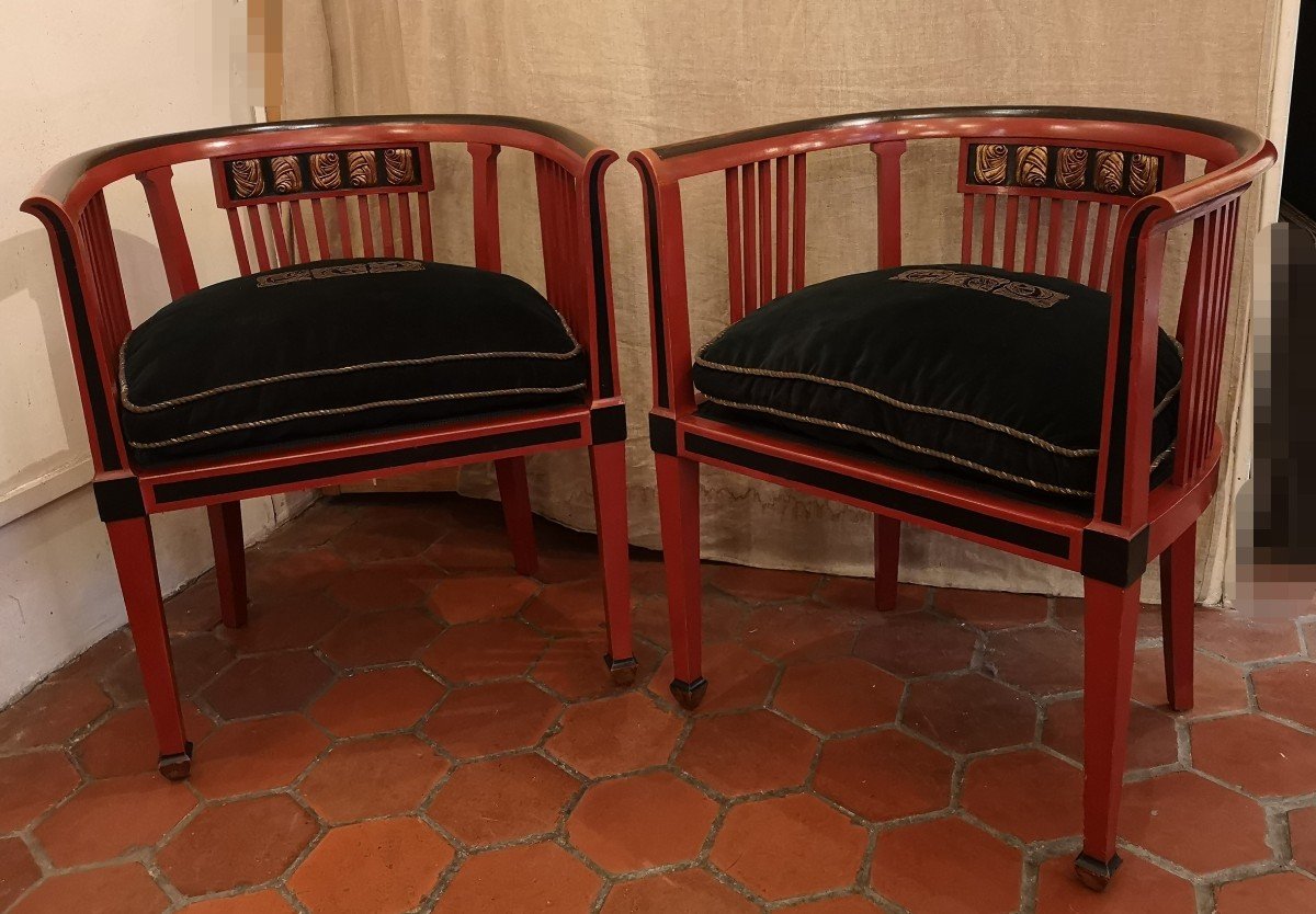 Paire De Fauteuils Art Déco 1920 En Bois Laqué Rouge Et Noir-photo-3