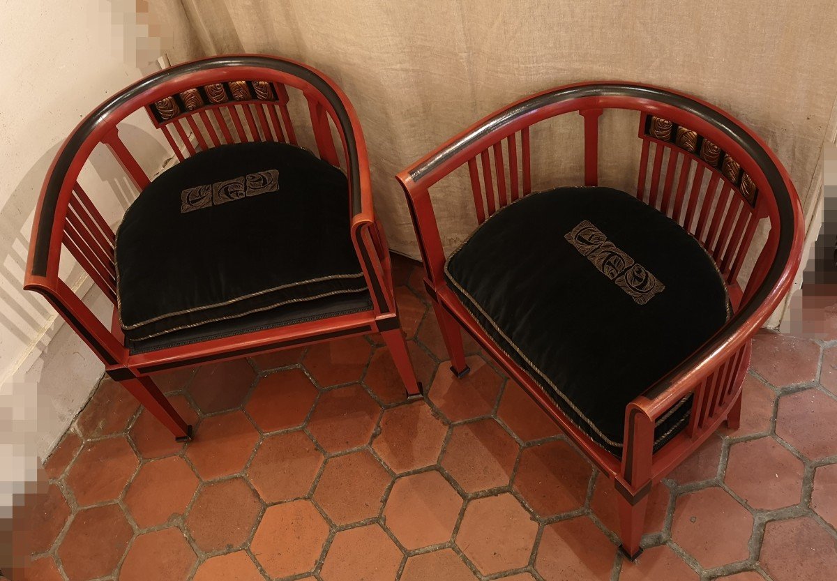 Paire De Fauteuils Art Déco 1920 En Bois Laqué Rouge Et Noir-photo-1