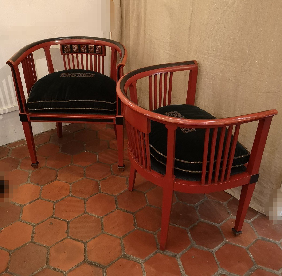 Paire De Fauteuils Art Déco 1920 En Bois Laqué Rouge Et Noir-photo-4