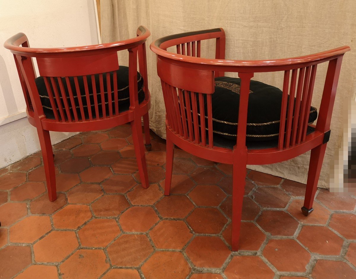 Paire De Fauteuils Art Déco 1920 En Bois Laqué Rouge Et Noir-photo-5