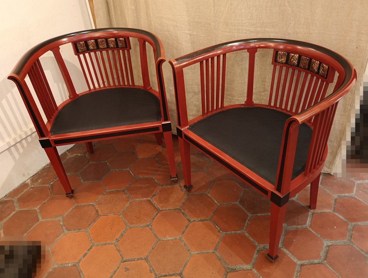 Paire De Fauteuils Art Déco 1920 En Bois Laqué Rouge Et Noir-photo-7