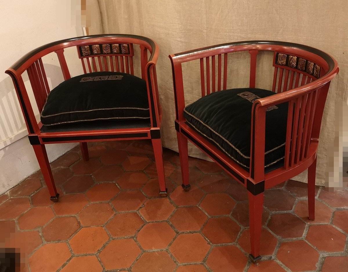 Paire De Fauteuils Art Déco 1920 En Bois Laqué Rouge Et Noir