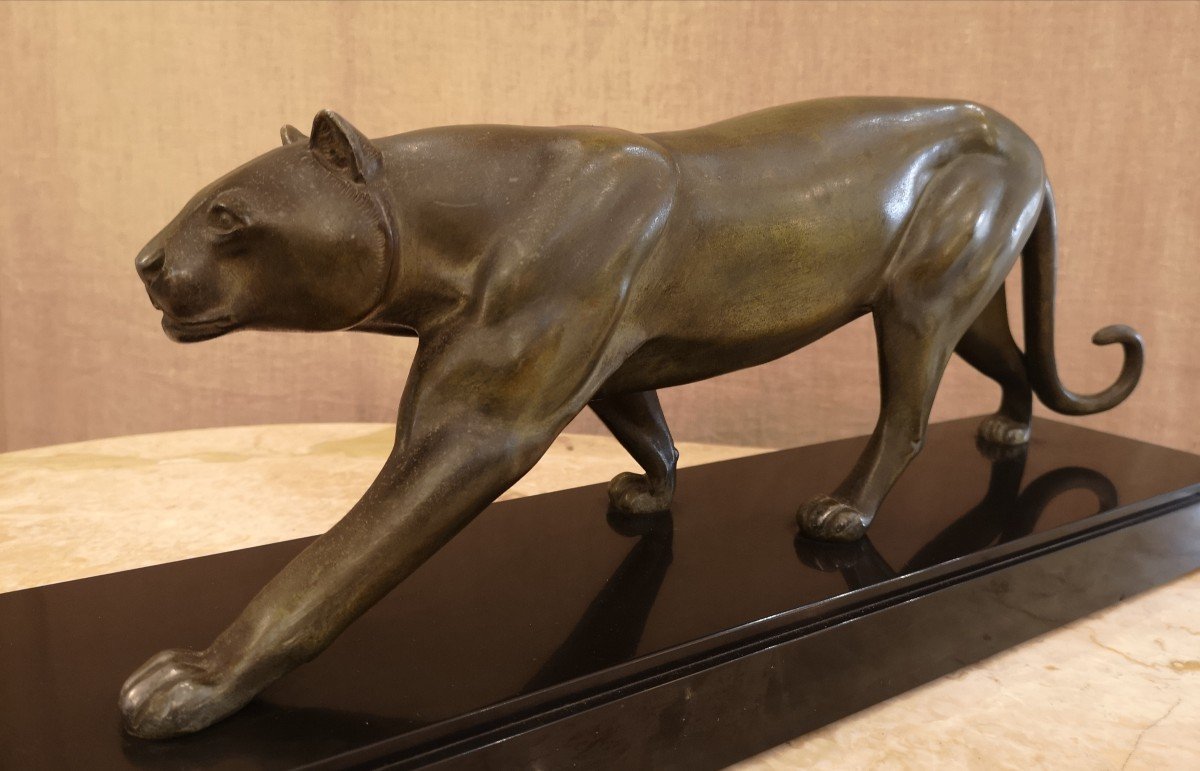Art Deco Panther 1930 In Metal With Green Patina Signed Rudens-photo-3