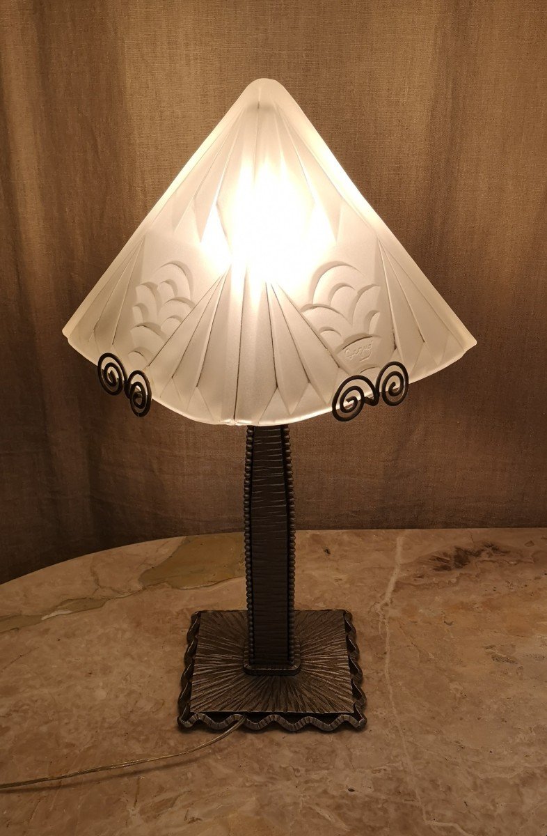 Art Deco Lamp 1930 In Wrought Iron Signed Degué-photo-7