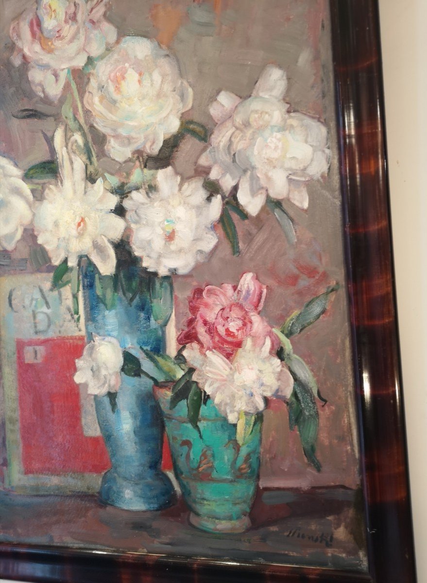 Still Life With Peonies, Oil On Cardboard By Marian Stronski-photo-6