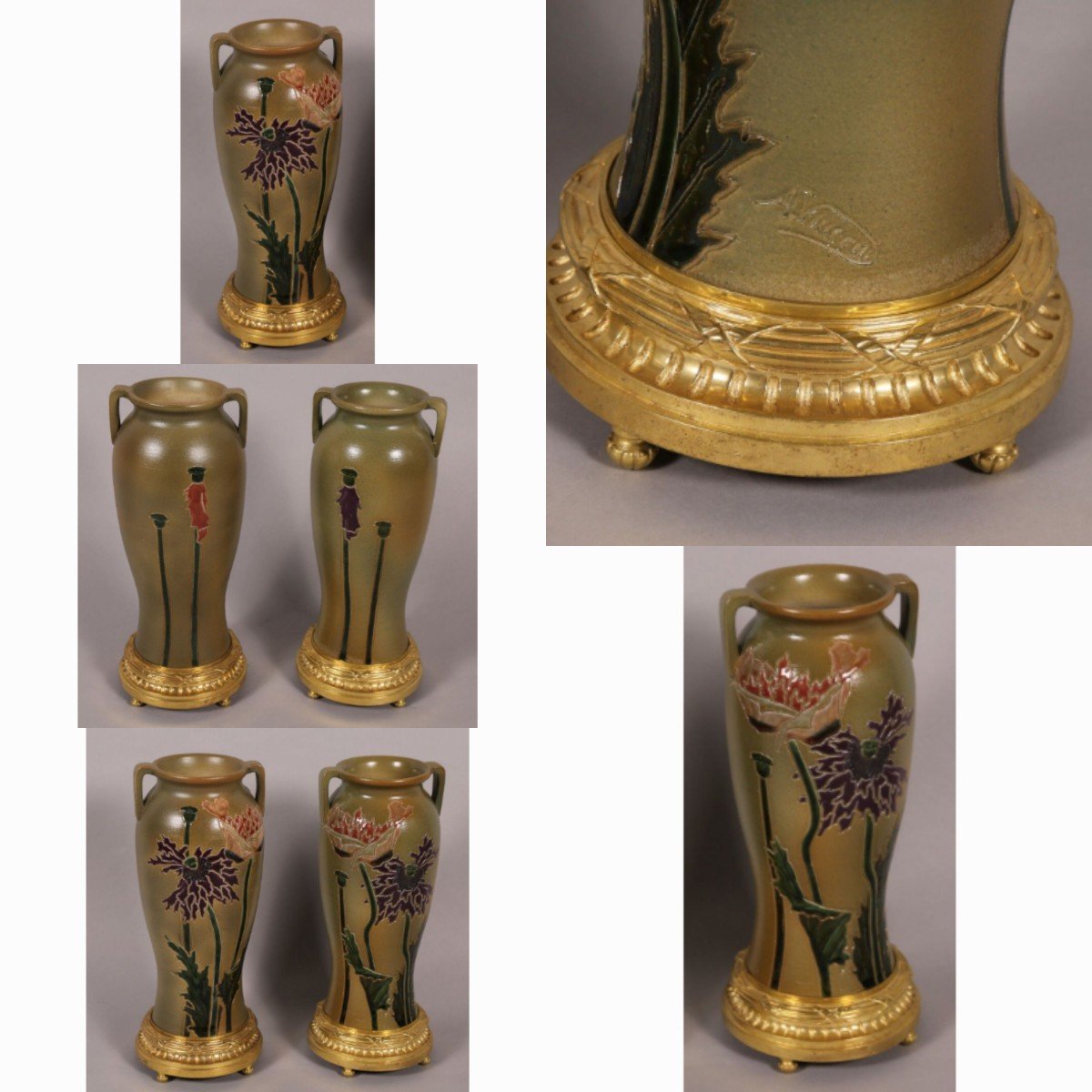 Choisy le Roi  paire de vases en grès  montés  sur bronze signé  A. Vincent-photo-2