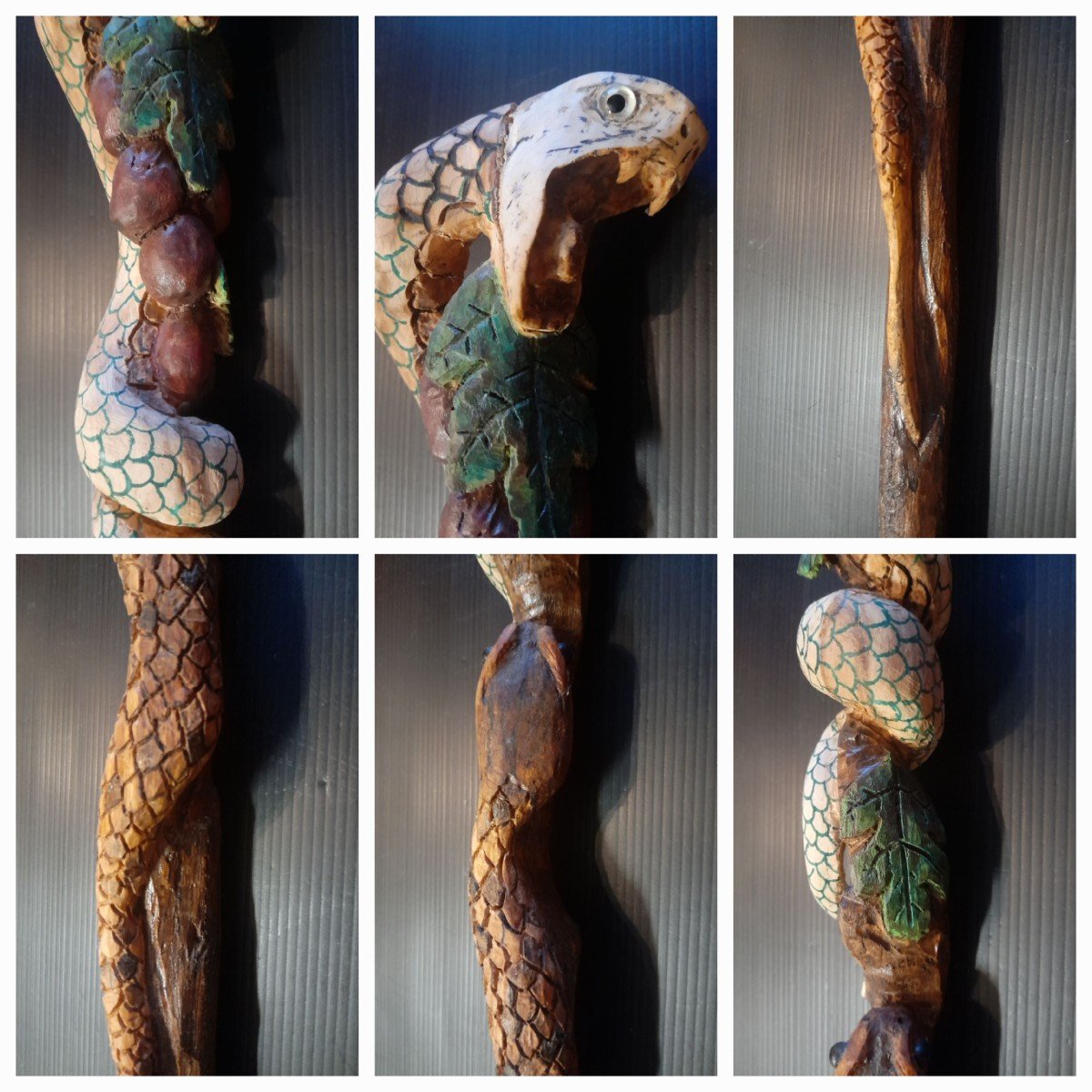 Canne Sculptée  Deux Serpents Et Colorée  Haut 95 Cm Art Populaire -photo-4