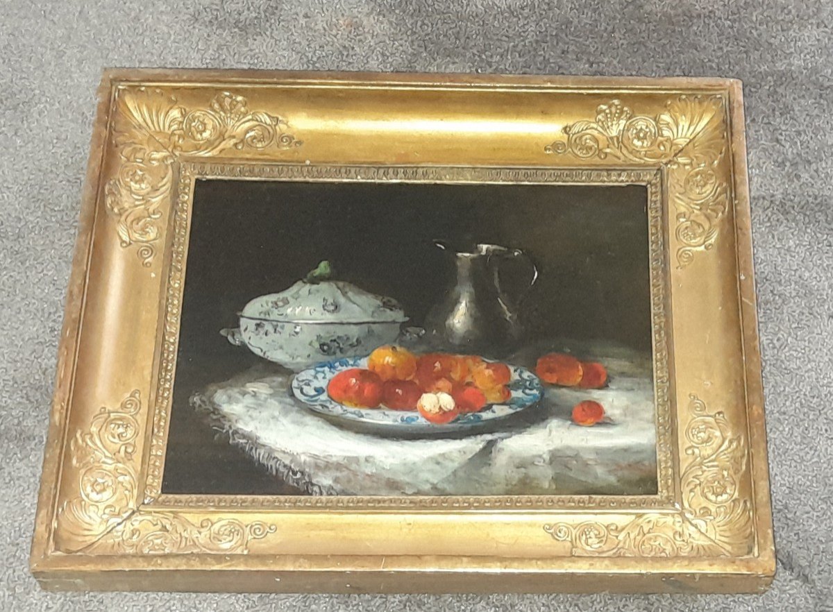 Still Life Fruit Dish Tureen And Oil Pitcher On Beveled Panel Signed Lower Left