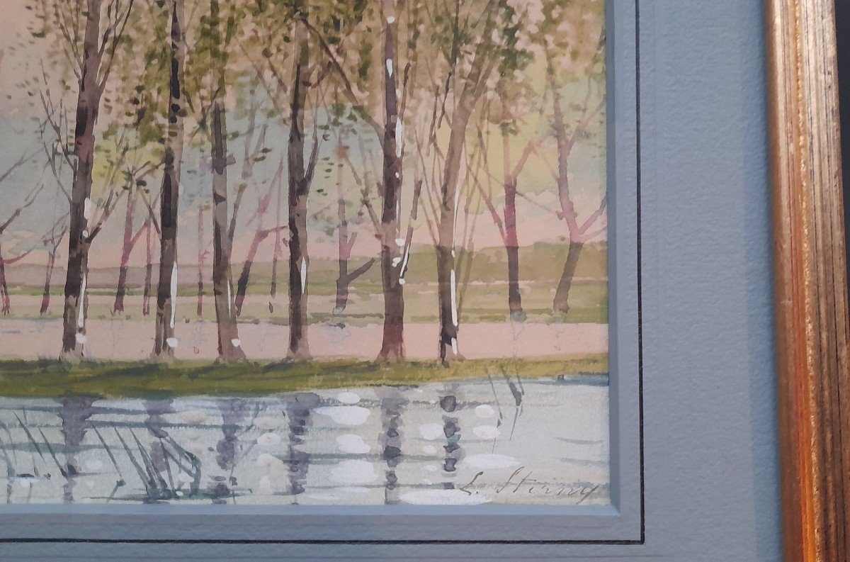 Watercolor With Poplars Signed Lower Right-photo-2