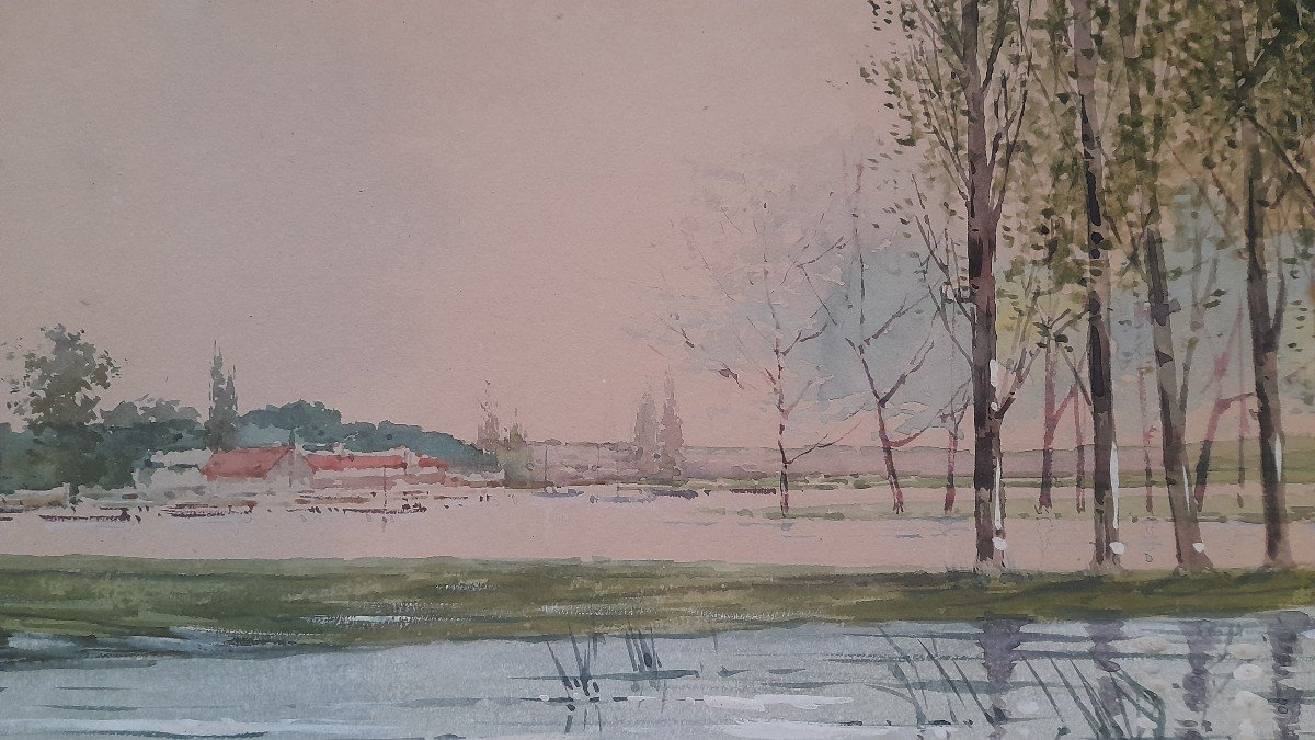 Watercolor With Poplars Signed Lower Right-photo-4