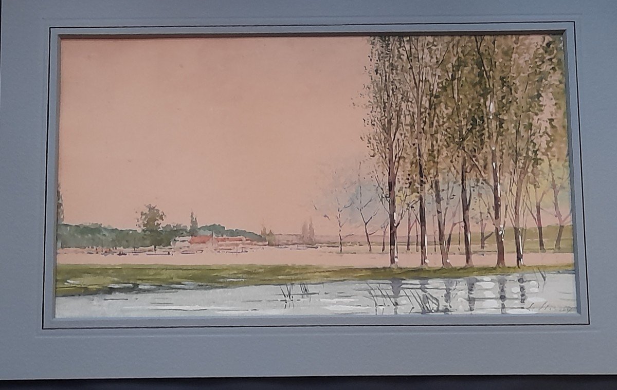 Watercolor With Poplars Signed Lower Right-photo-1