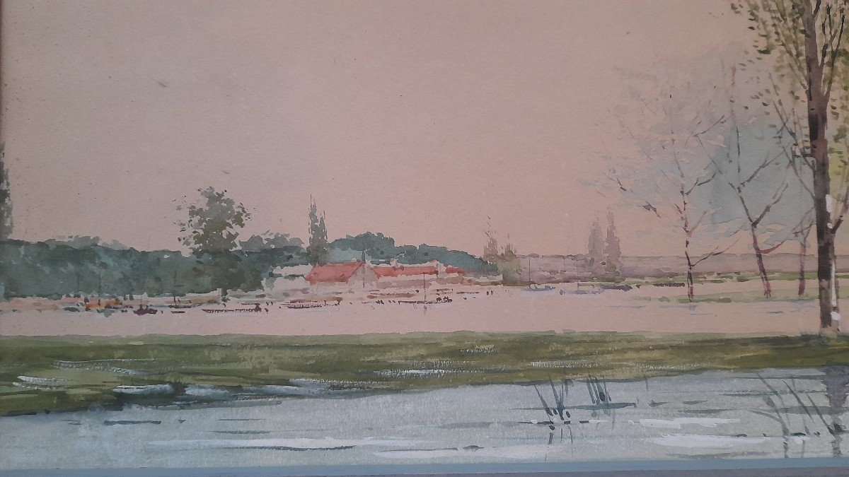 Watercolor With Poplars Signed Lower Right-photo-2