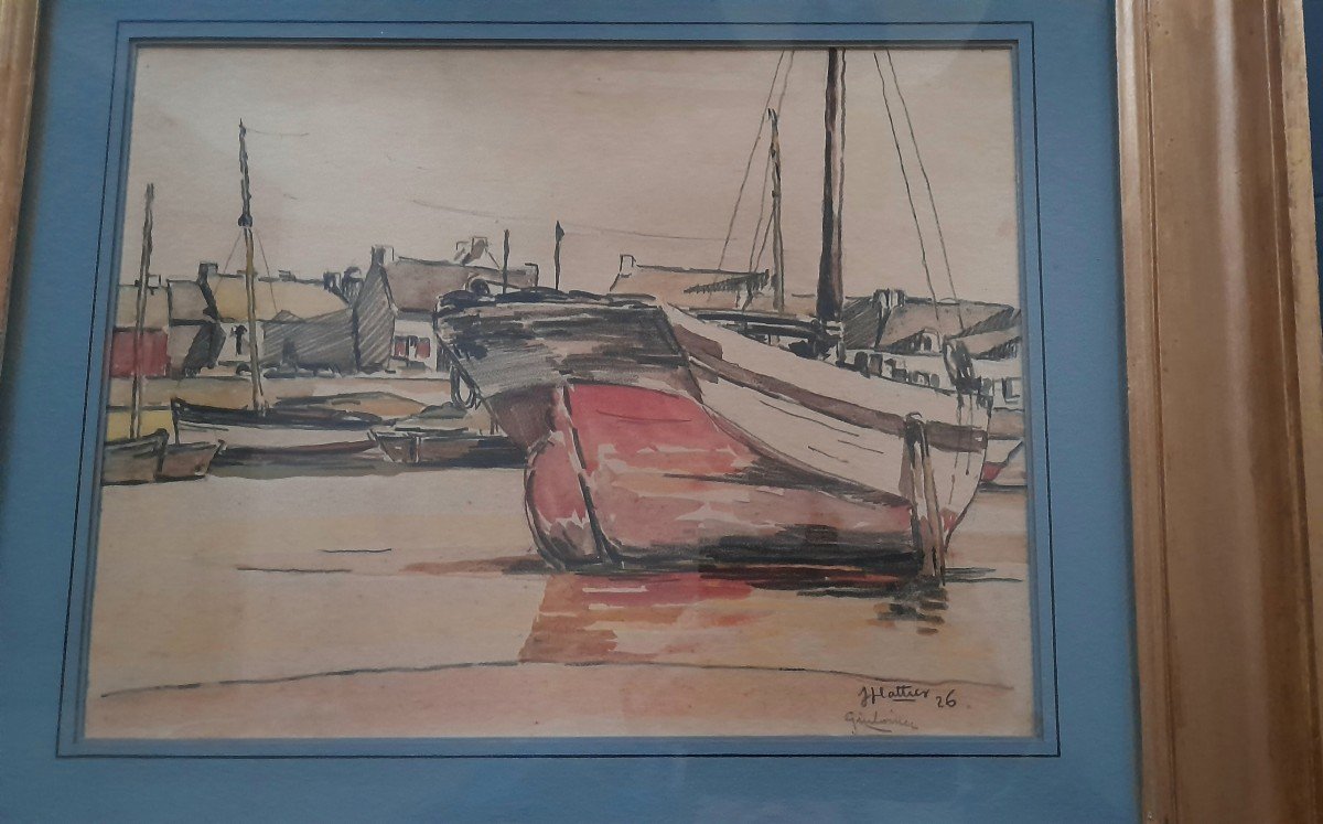 Guilvinec Forte Watercolor Red Boat 1926-photo-3