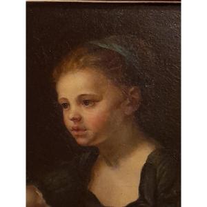 Portrait  Une Petite-fille Tableau Huile Sur Toile XVIIIe Siècle 