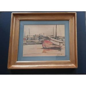 Guilvinec Forte Aquarelle  Barque Rouge  1926