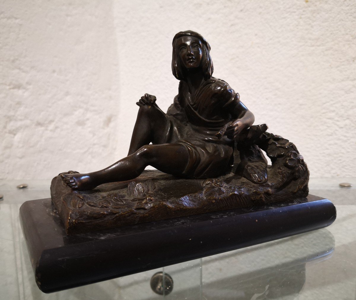 Sculpture En Bronze XIX - Jeune Berger Assis