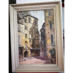 Raymond Enard - (1902-1982) - Aquarelle et Fusain - Vue d'une Rue de Sarlat - Datée 1935