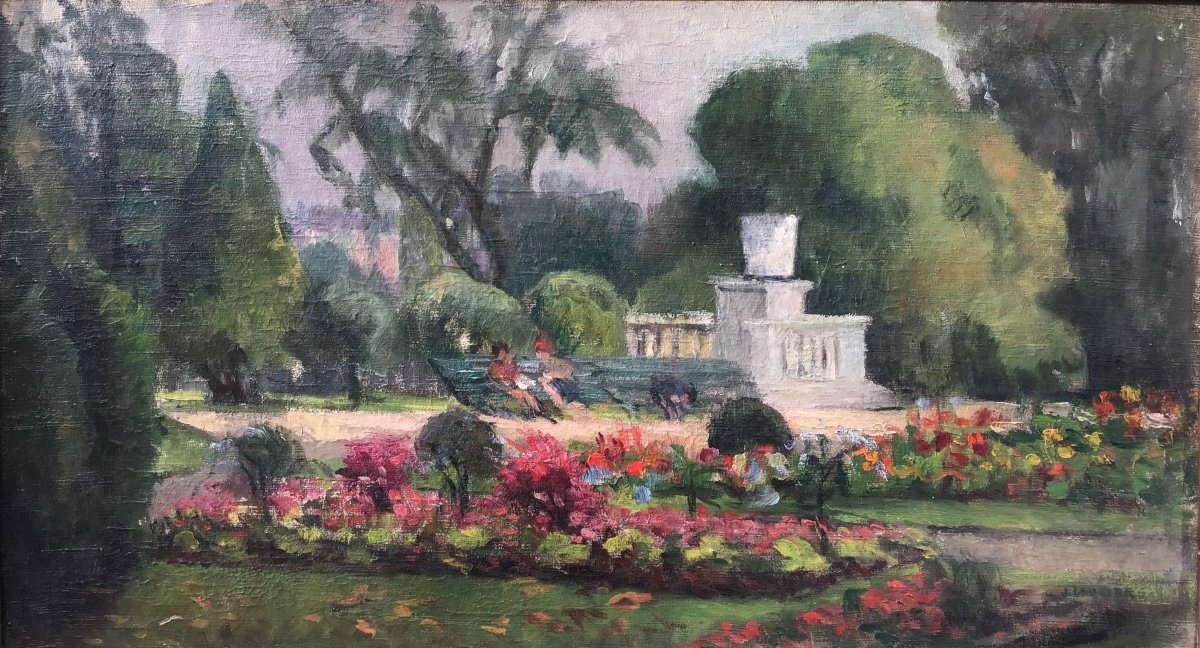 Huile Sur Toile, Au Parc, 64x101 cm, Signature Indéchiffrée-photo-2