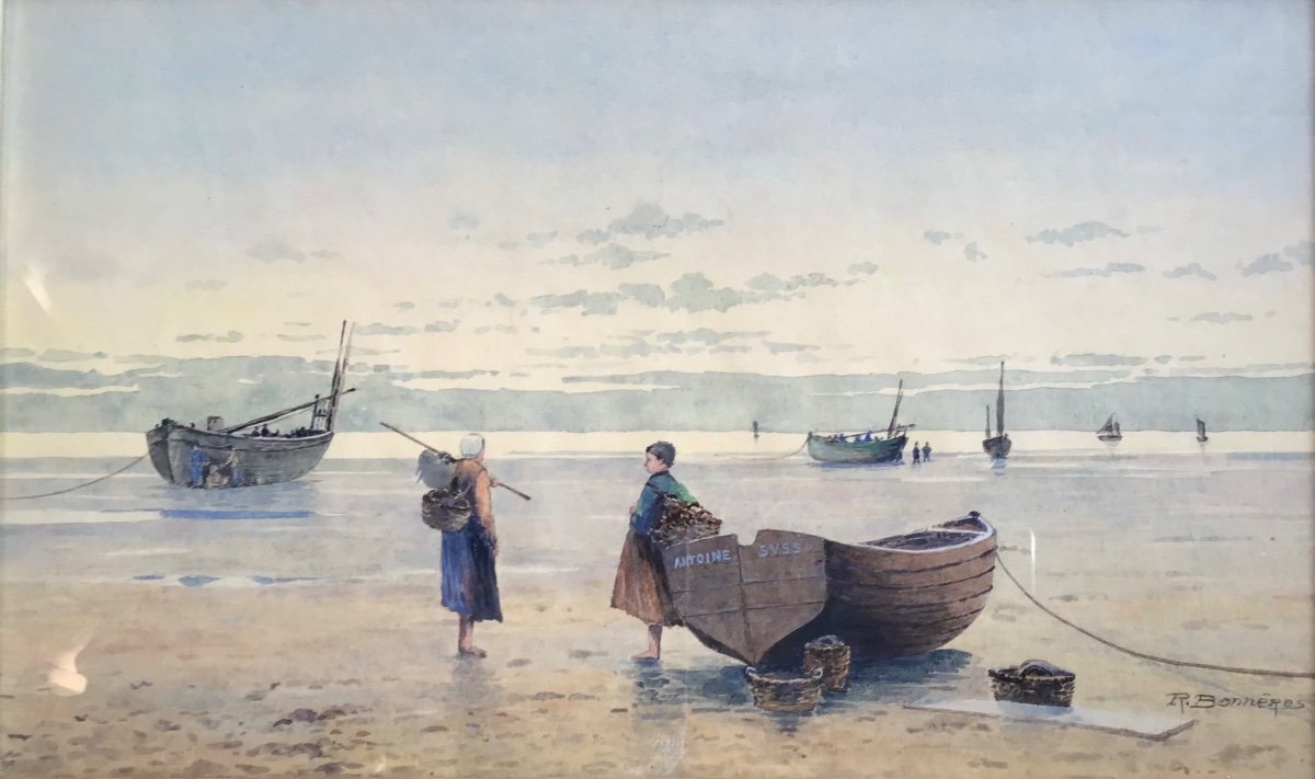 Roger Bonnères, Scène De Pêche, Aquarelle-photo-2