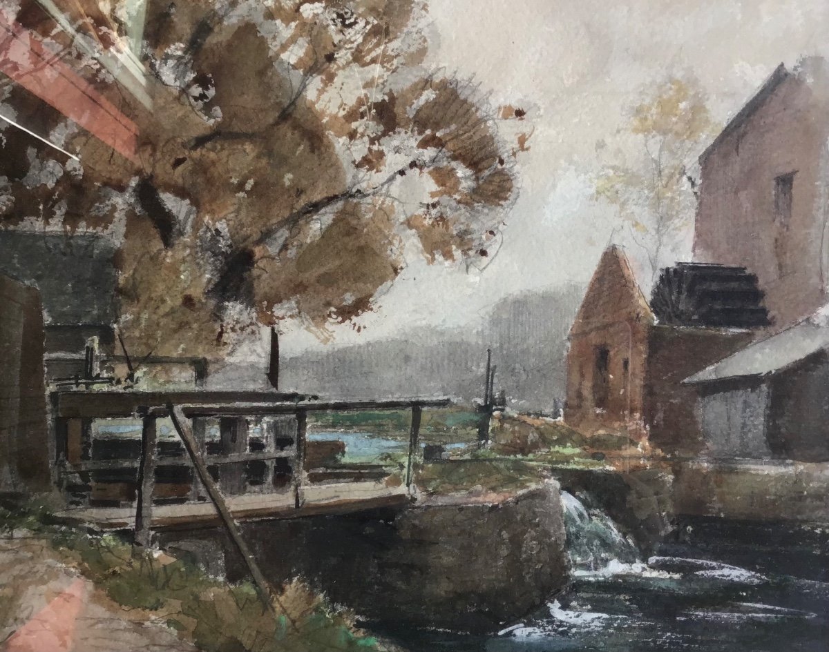 Paul émile Leconte, Paysage Au Moulin, Aquarelle-photo-2