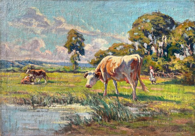 André Prévot Valéri, Paysage aux vaches, Huile Sur Toile