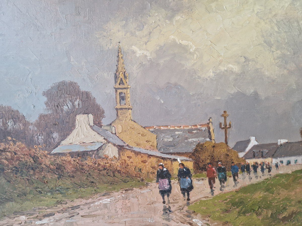 Oil On Canvas By Olivier Servy Breton Landscape, Leaving Mass-photo-4